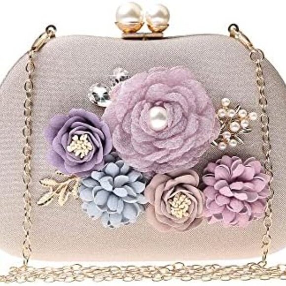 Evening HandBags for Women Flower Wedding Clutch Purse Satin Floral Ladies Party - Picture 1 of 7